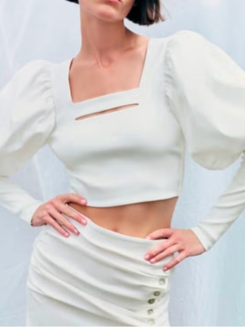Zara White Puff-Sleeve Square-Neck Women’s Crop Top, Sz M. NWOT